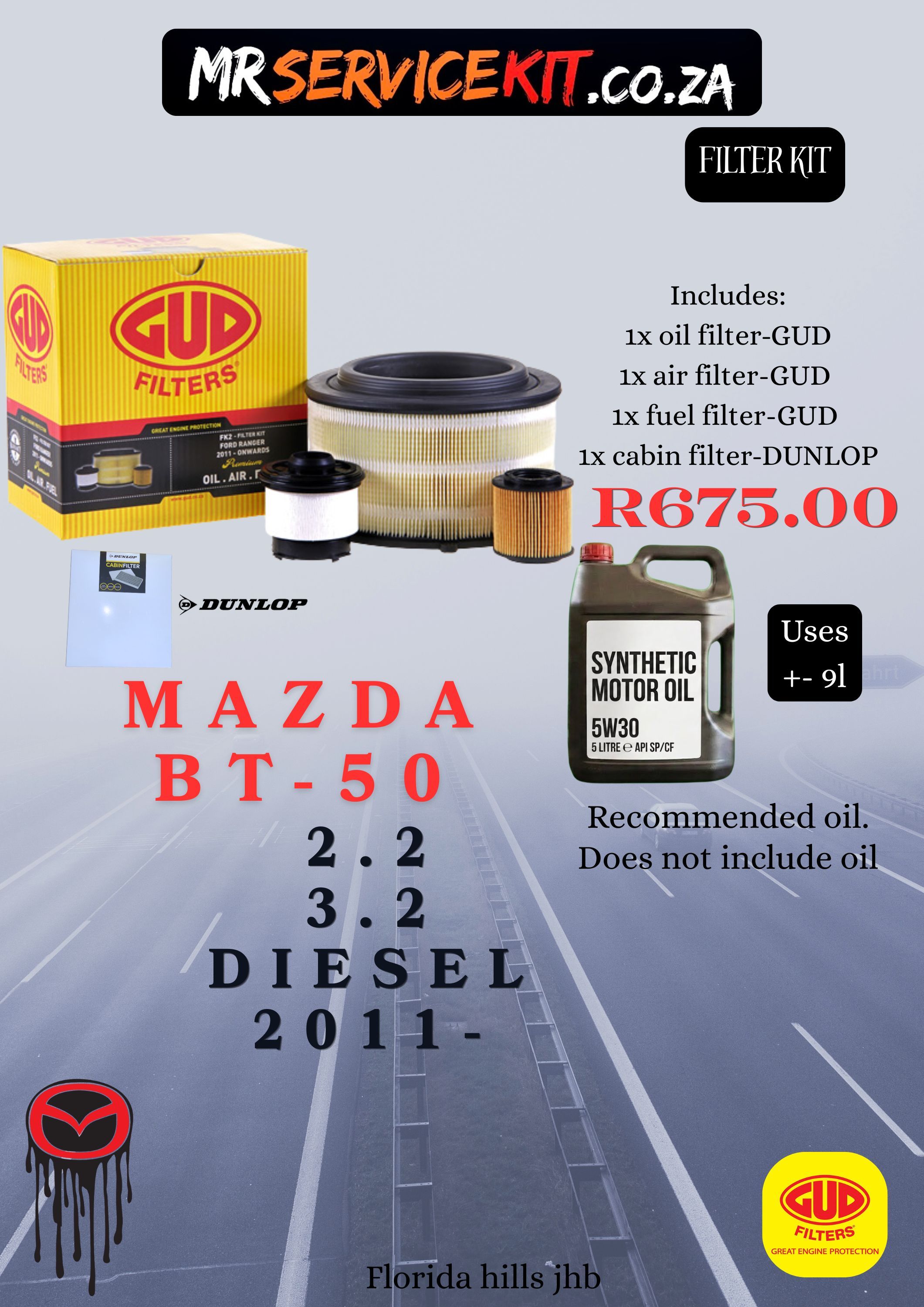 Mazda BT50 service kit with oil filter, air filter, spark plugs, fuel filter and cabin filter