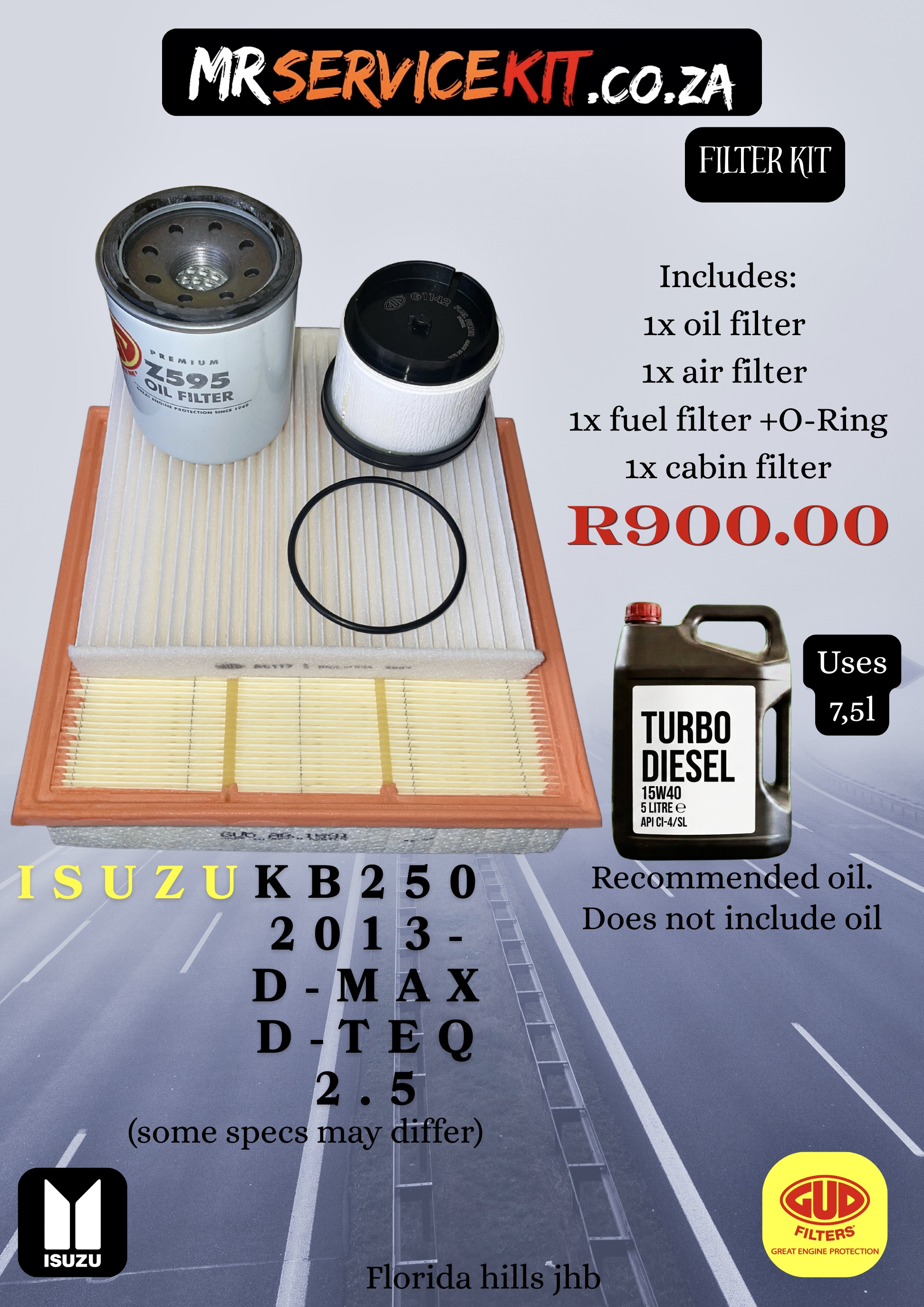 Isuzu KB250 2013+ service kit with oil filter, air filter, spark plugs, fuel filter and cabin filter